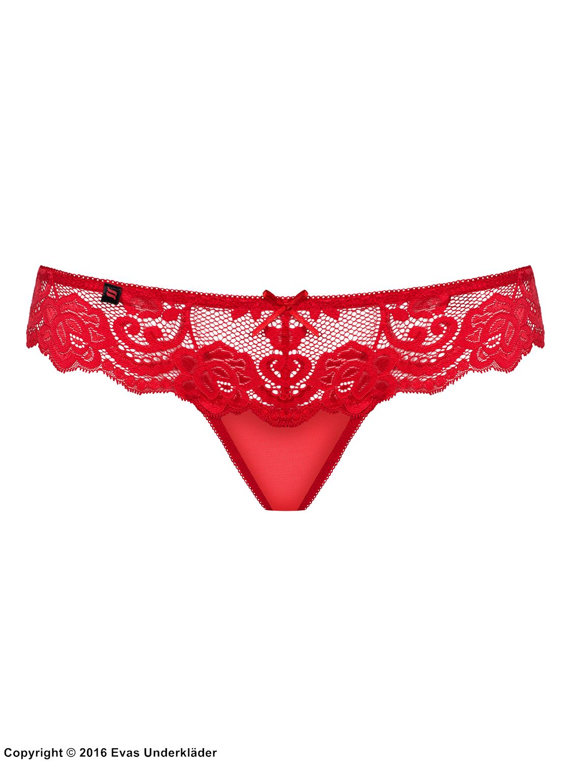 Romantic thong, floral lace, rhinestone heart